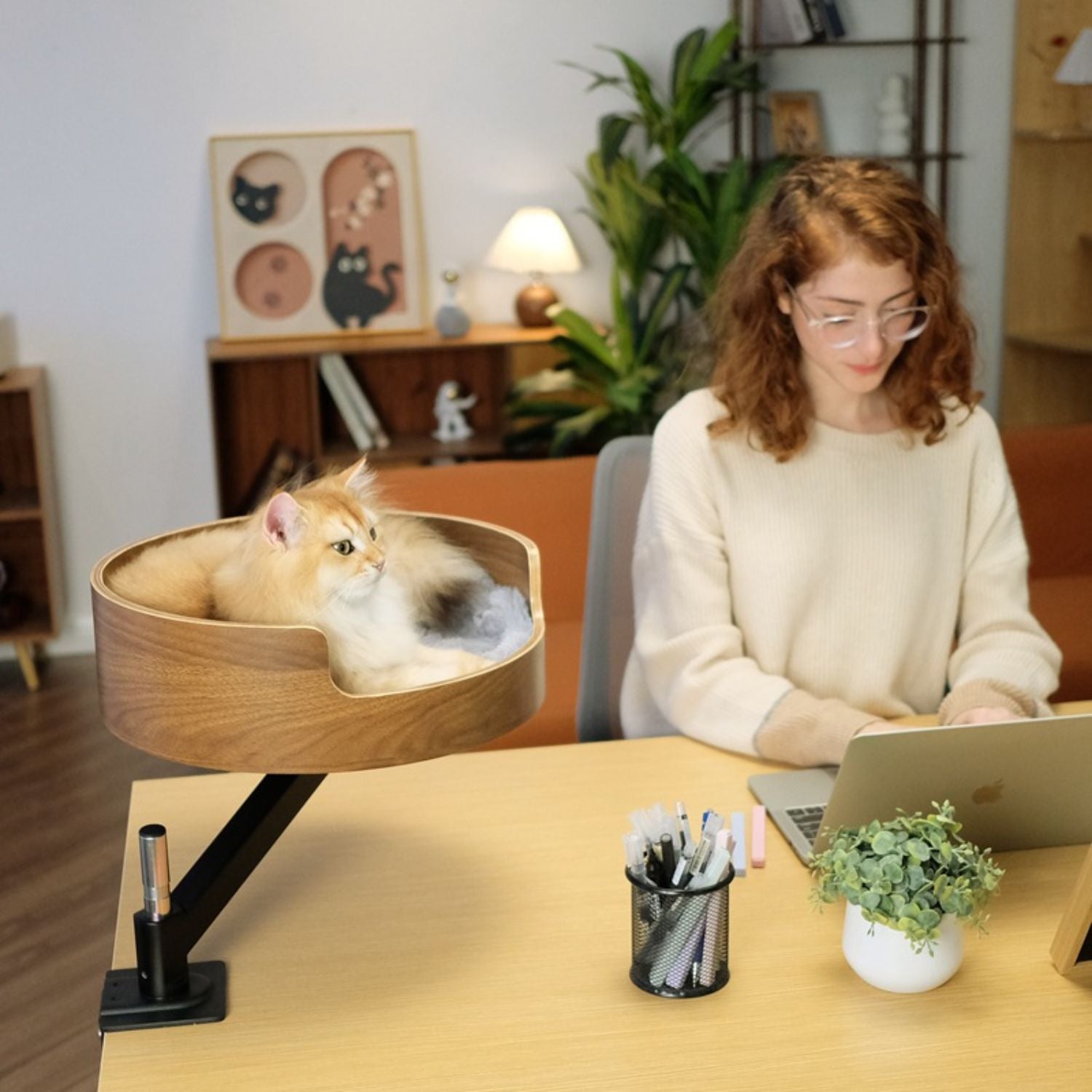 Kattenbed Bureau Verstelbaar kat in hangend bed en werktafel
